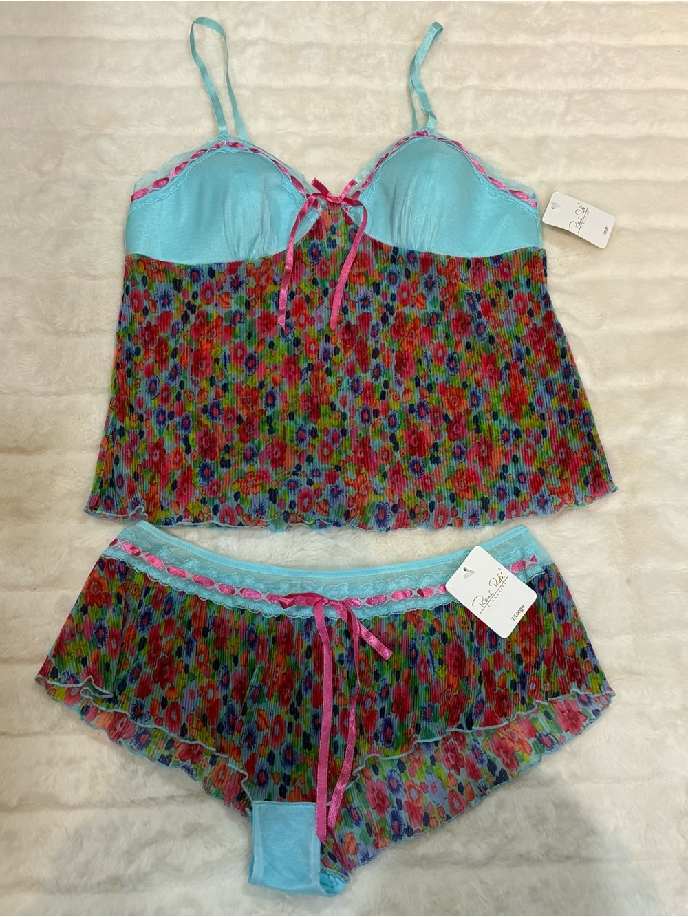 Rene Rofe Aqua & Multicolor Floral Pleated Chemise Set